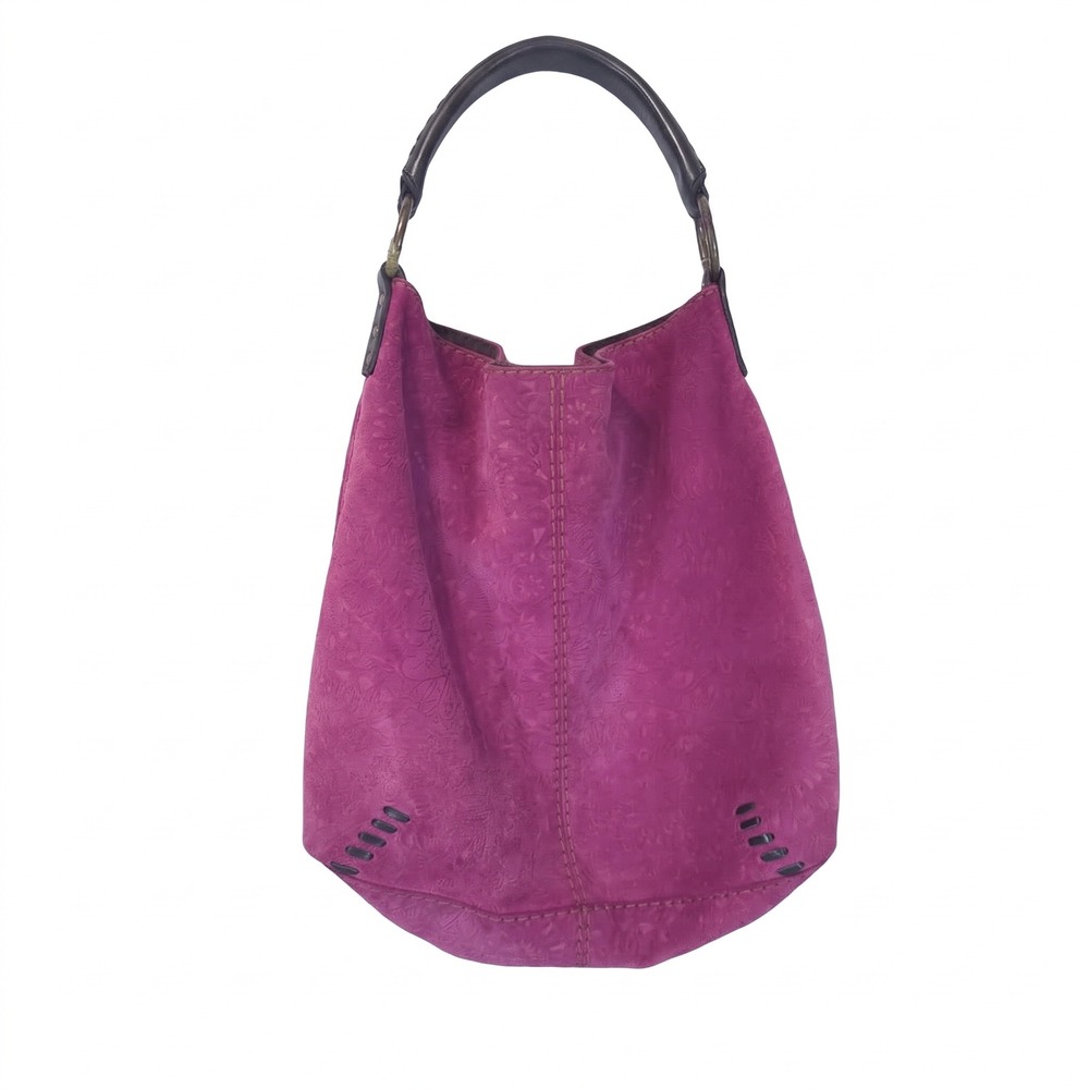 Lucky Brand Suede Hobo Bag Magenta Embossed Floral Purse Boho Whimsigoth Y2K